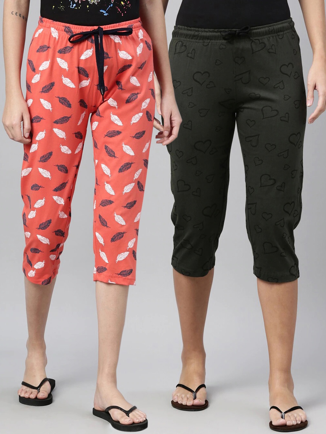 

Kryptic Women Pack Of 2 Orange & Olive Pure Cotton Printed Capris
