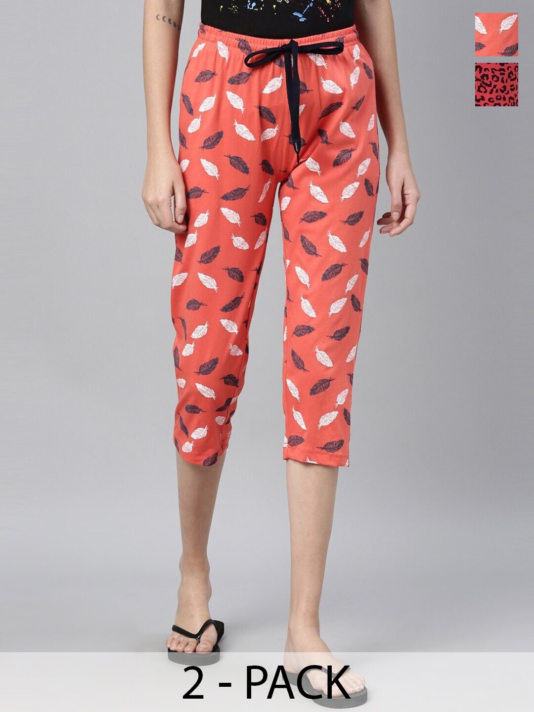 

Kryptic Women Pack of 2 Orange & Fuchsia Printed Pure Cotton Capris