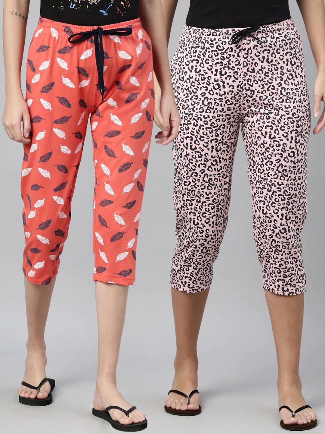 

Kryptic Women Pack Of 2 Orange & Pink Printed Pure Cotton Capris