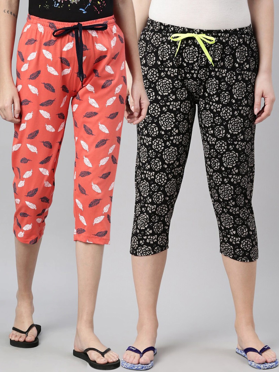 

Kryptic Women Pack Of 2 Orange & Black Printed Pure Cotton Capris