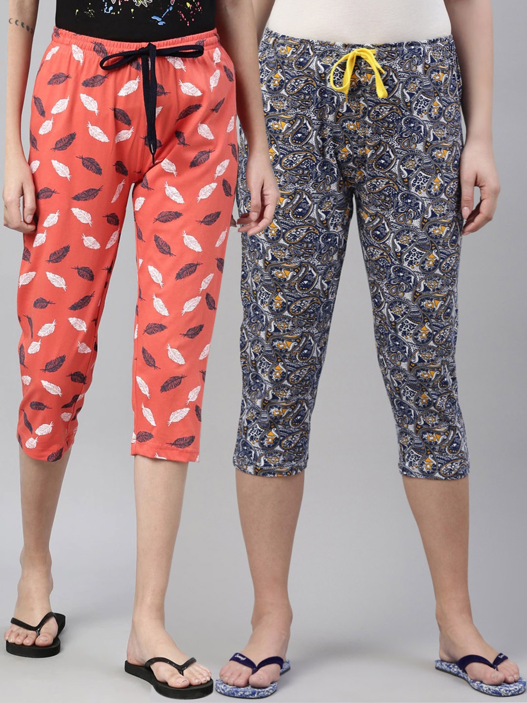 

Kryptic Women Pack of 2 Orange & Grey Cotton Printed Capris