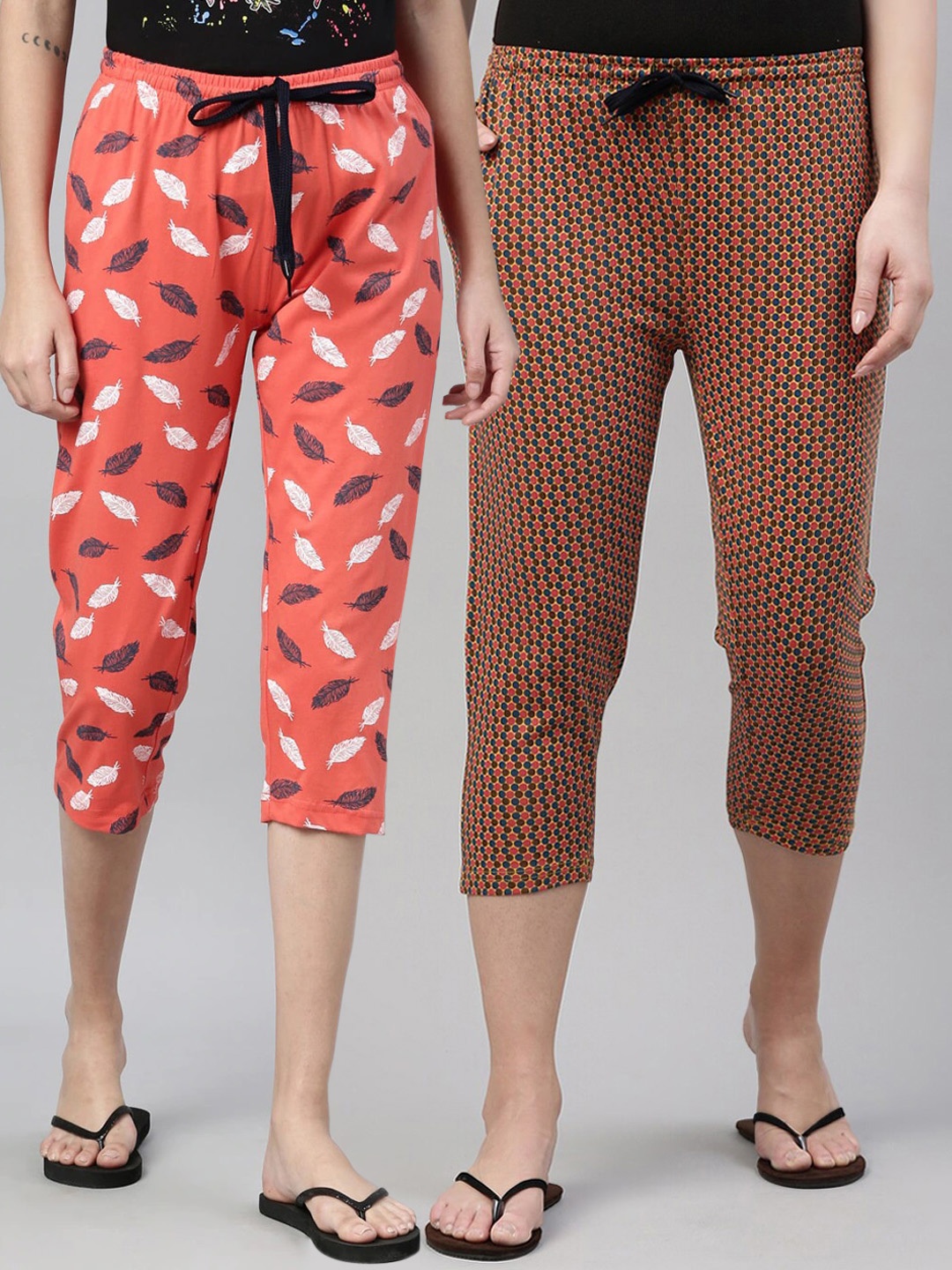 

Kryptic Women Pack Of 2 Orange & Mustard Printed Pure Cotton Capris