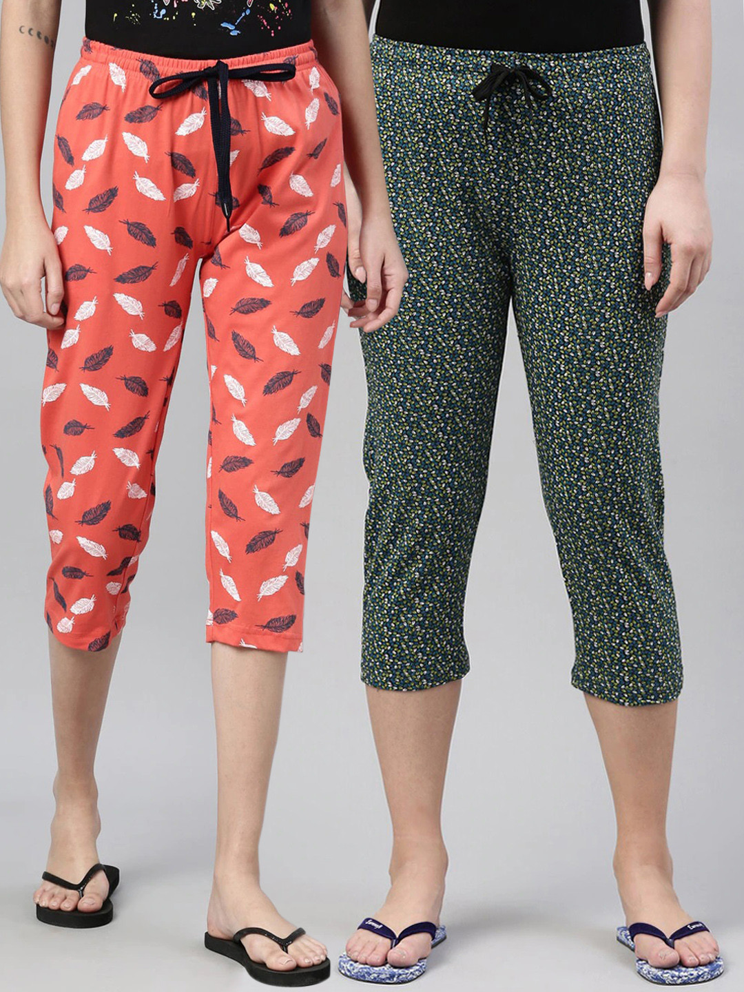 

Kryptic Women Pack Of 2 Orange & Black Pure Cotton Printed Capris