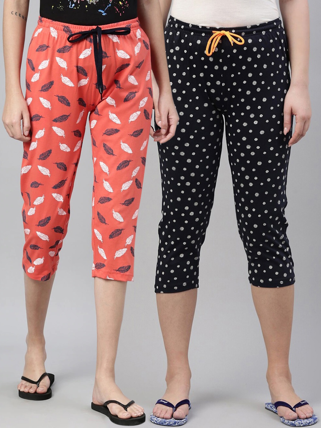 

Kryptic Women Set Of 2 Orange & Navy Blue Printed Mid-Rise Pure Cotton Capris