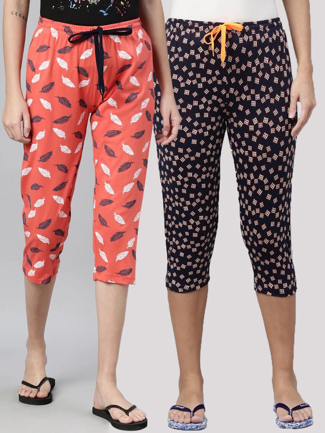 

Kryptic Women Pack Of 2 Blue Printed Pure Cotton Capris, Orange