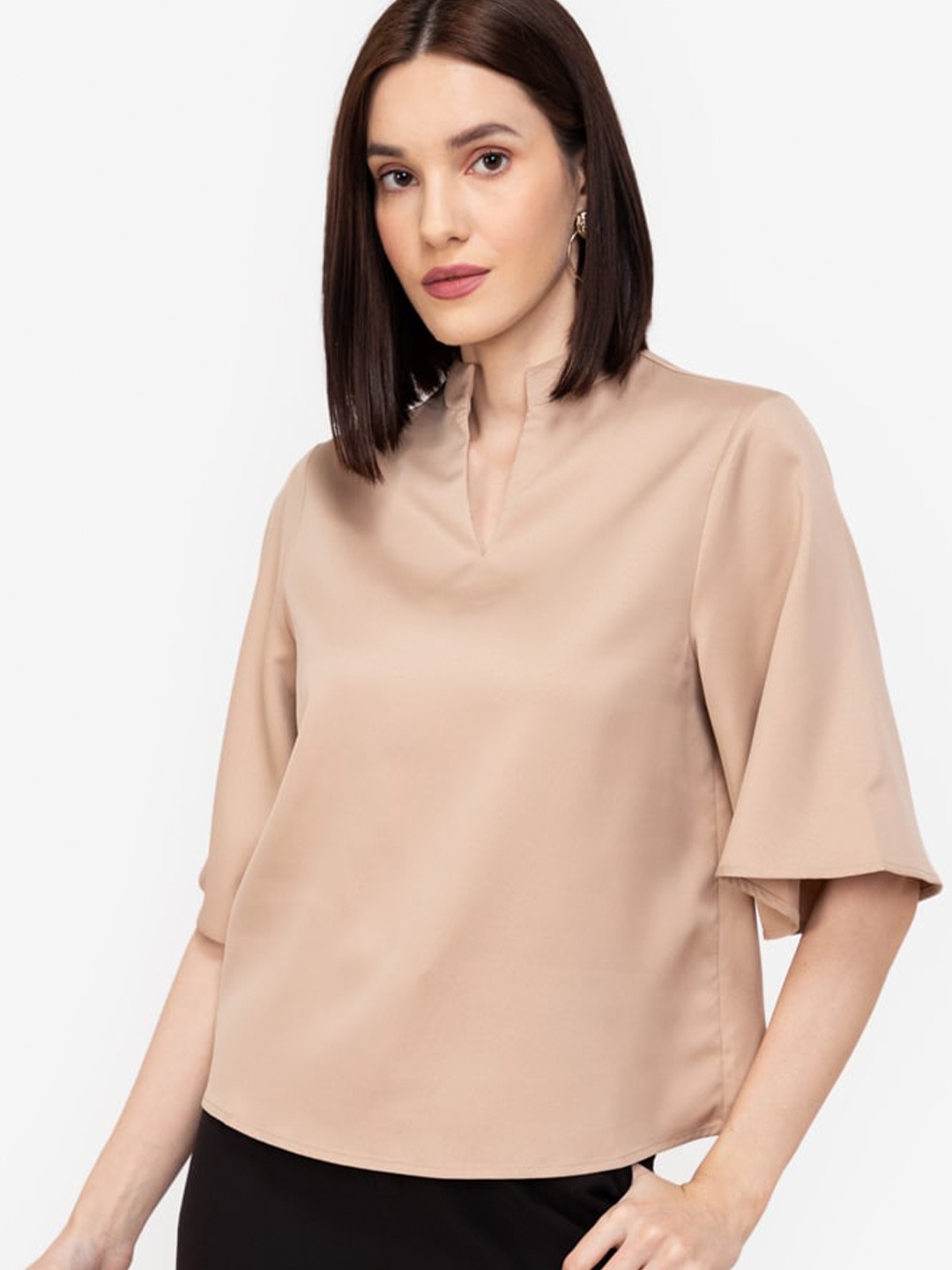

ZALORA WORK Women Brown Mandarin Collar Boxy Top