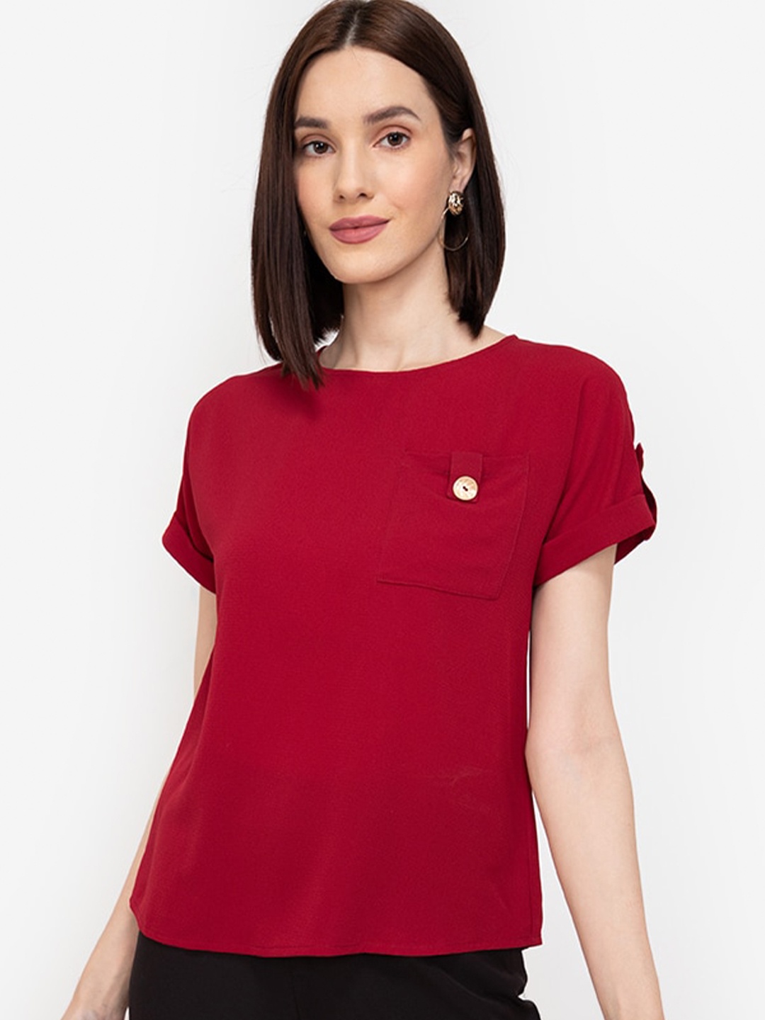 

ZALORA WORK Red Pocket Detail Roll-Up Sleeves Top