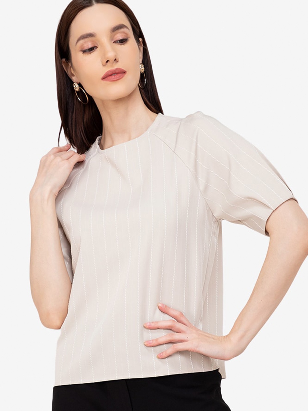 

ZALORA WORK Women Beige Striped Raglan Puff Sleeve Top