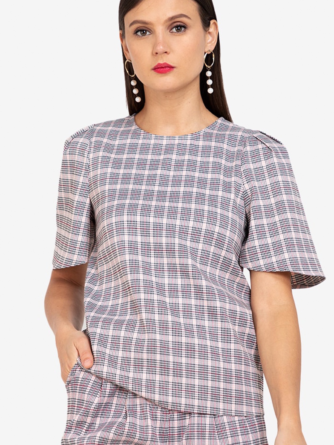 

ZALORA WORK Multicoloured Geometric Checked Puff Sleeves Boxy Top, Multi