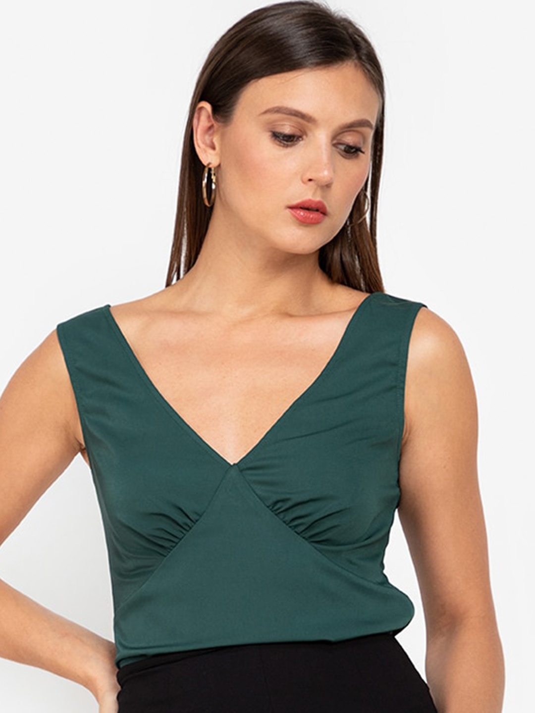 

ZALORA WORK Green Solid V-Neck Top