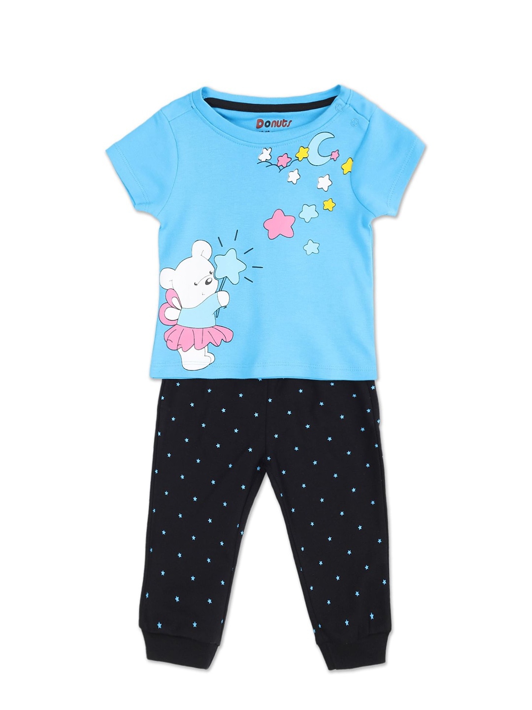 

Donuts Girls Blue & Black Printed T-shirt with Pyjamas