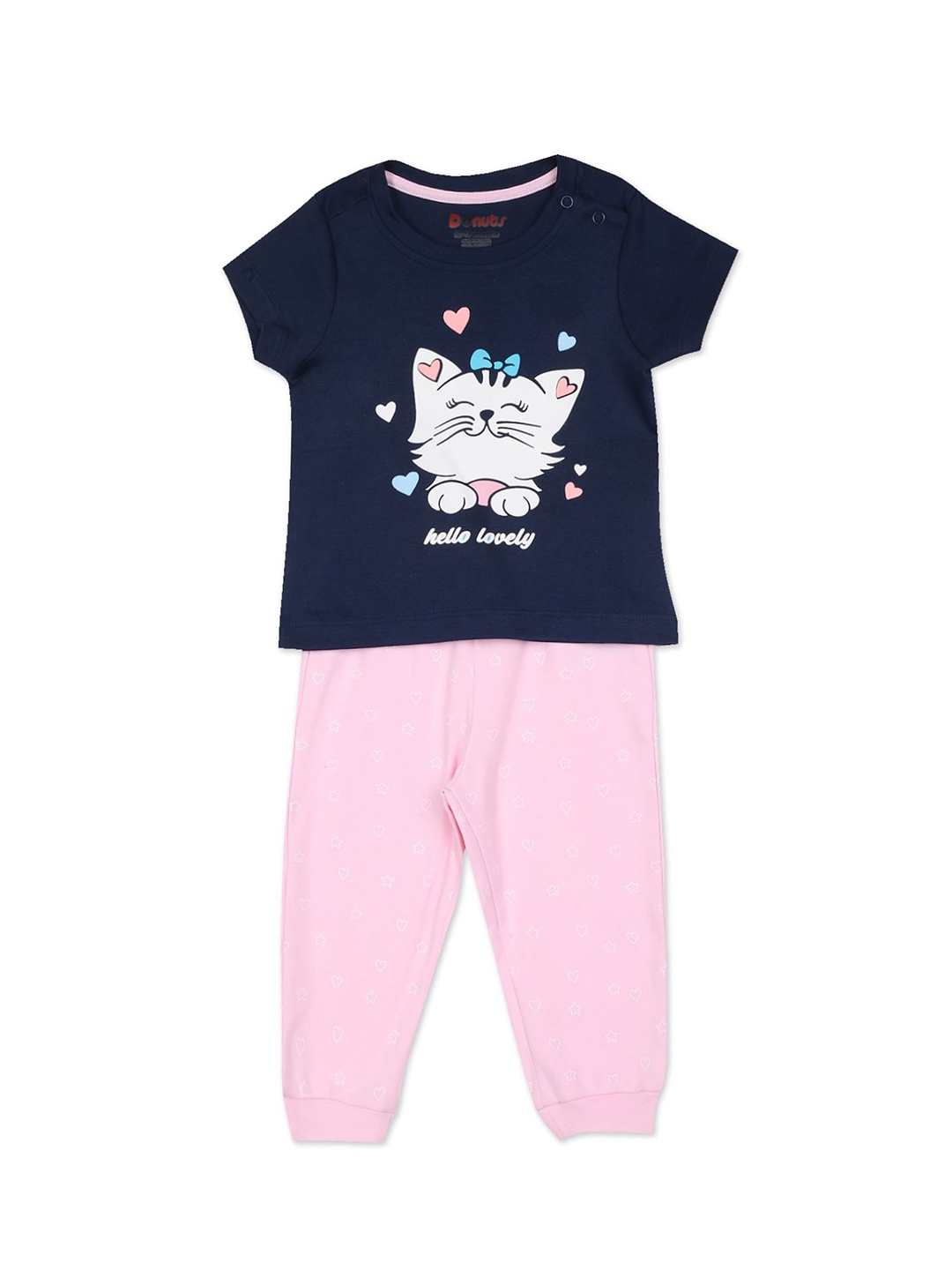 

Donuts Girls Navy Blue & Pink Printed T-shirt with Pyjamas