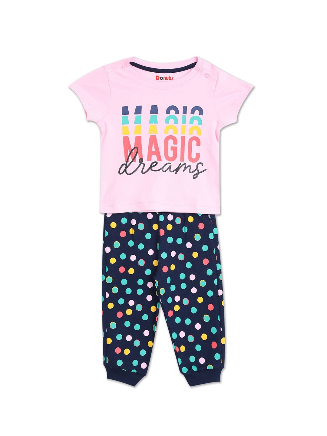 

Donuts Girls Pink & Navy Blue Printed T-Shirt with Joggers