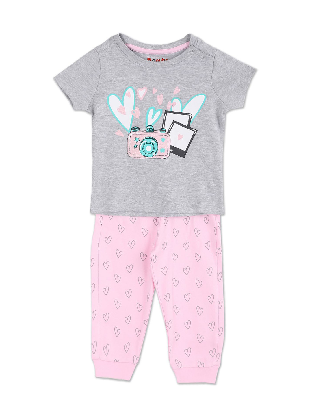 

Donuts Girls Grey Melange & Pink Printed T-shirt with Pyjamas