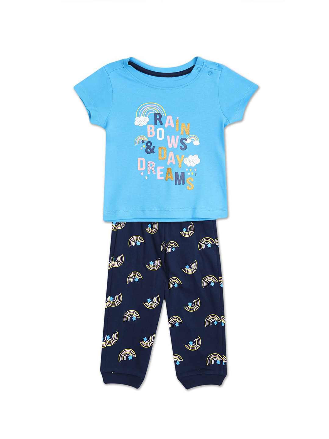 

Donuts Girls Blue & Navy Blue Printed Cotton Blend T-shirt with Pyjamas Clothing set