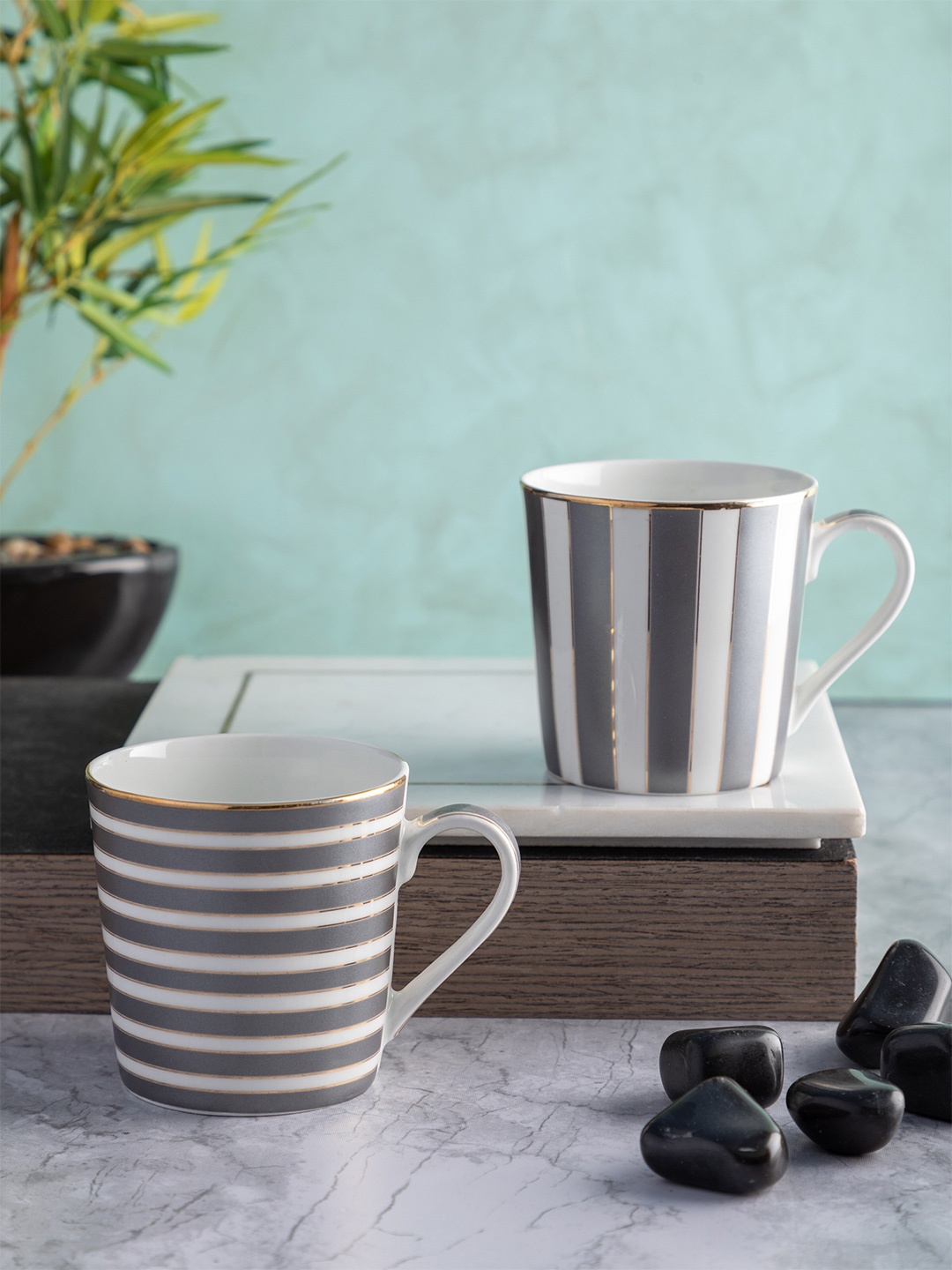 

SONAKI Set of 2 Grey & White Printed Bone China Glossy Cups and Mugs