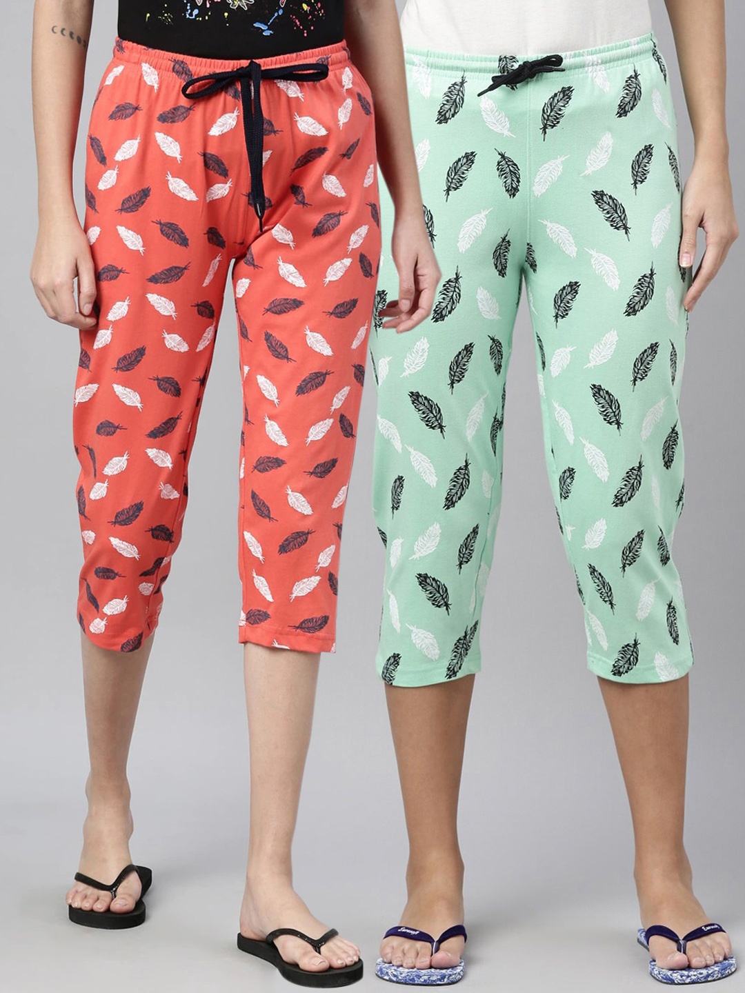 

Kryptic Women Pack Of 2 Orange & Pastel Green Printed Pure Cotton Capris