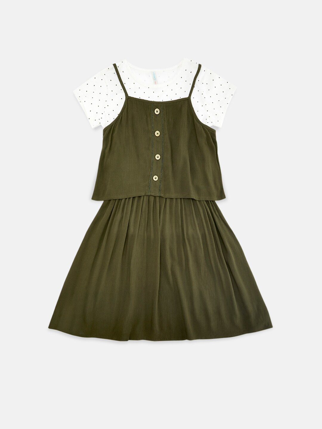 

Pantaloons Junior Olive Green Pinafore Dress With Tshirt