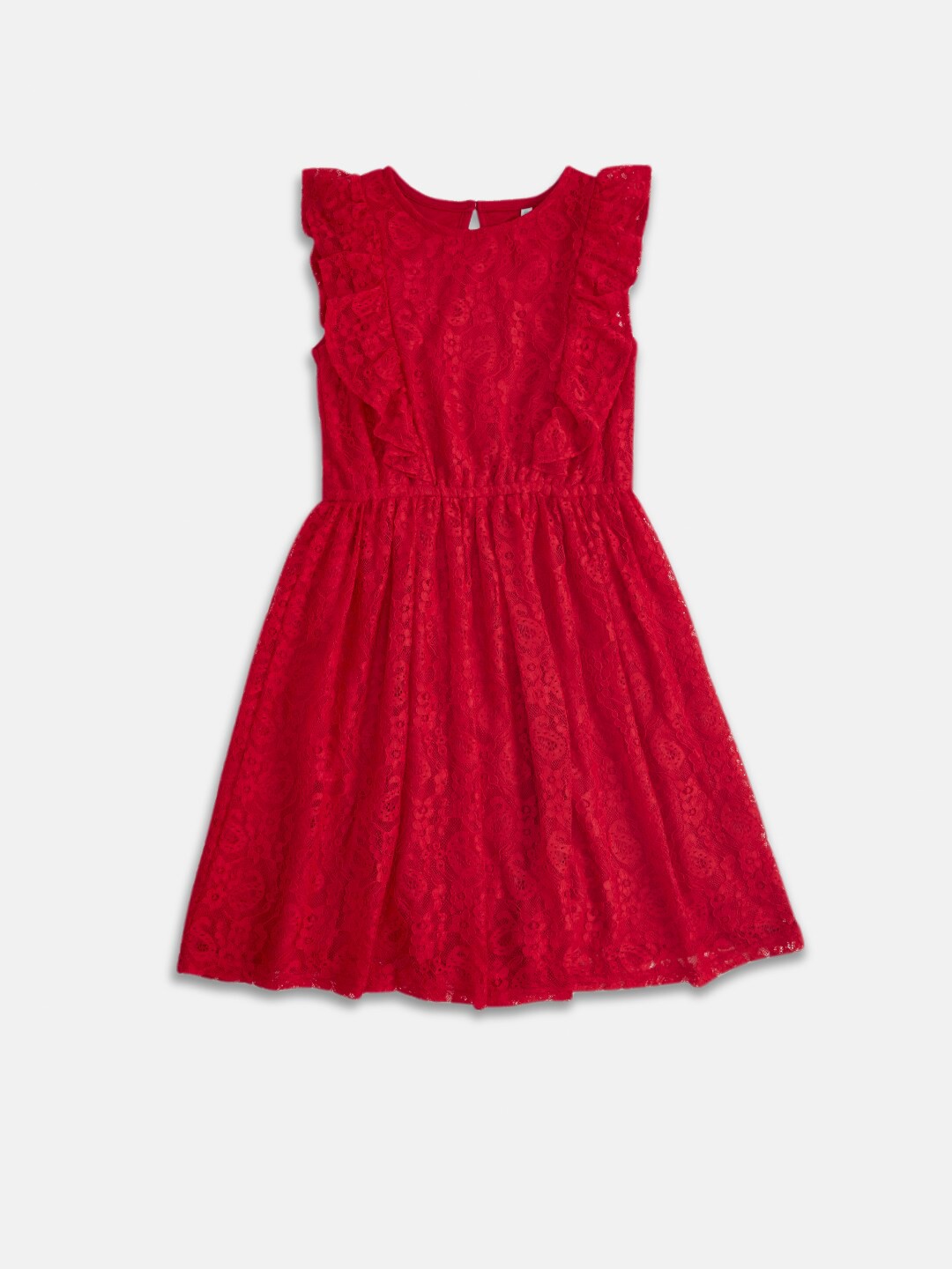 

Pantaloons Junior Girls Red Self Design Ruffles Detail Cotton Dress