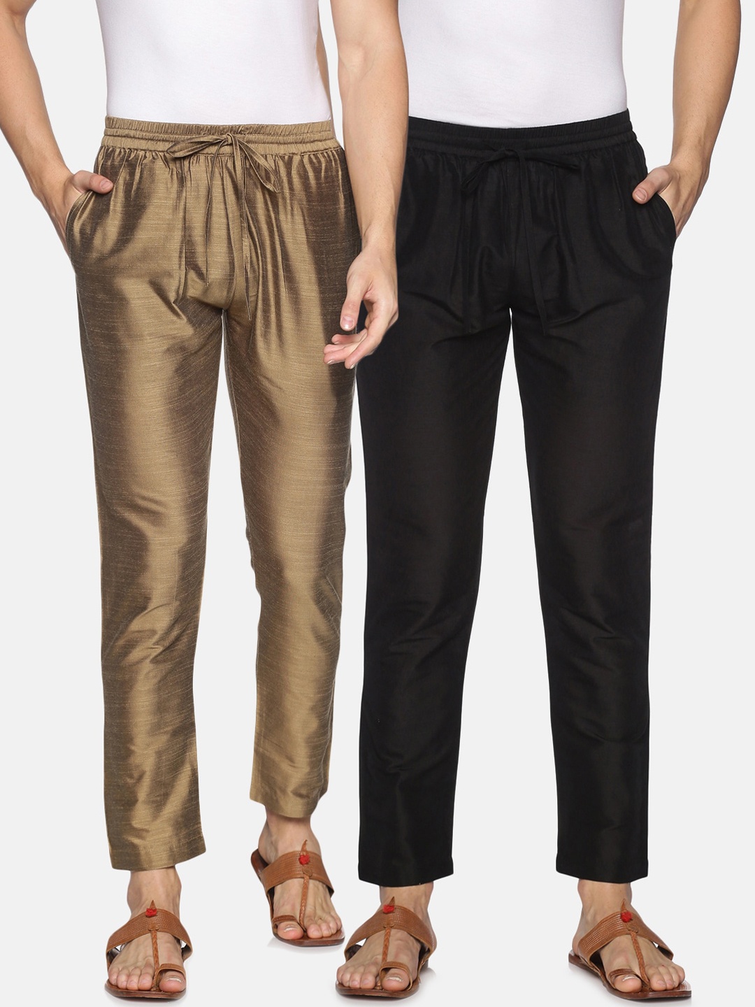 

Saffron Threads Men Pack of 2 Solid Straight-Fit Pyjamas, Gold