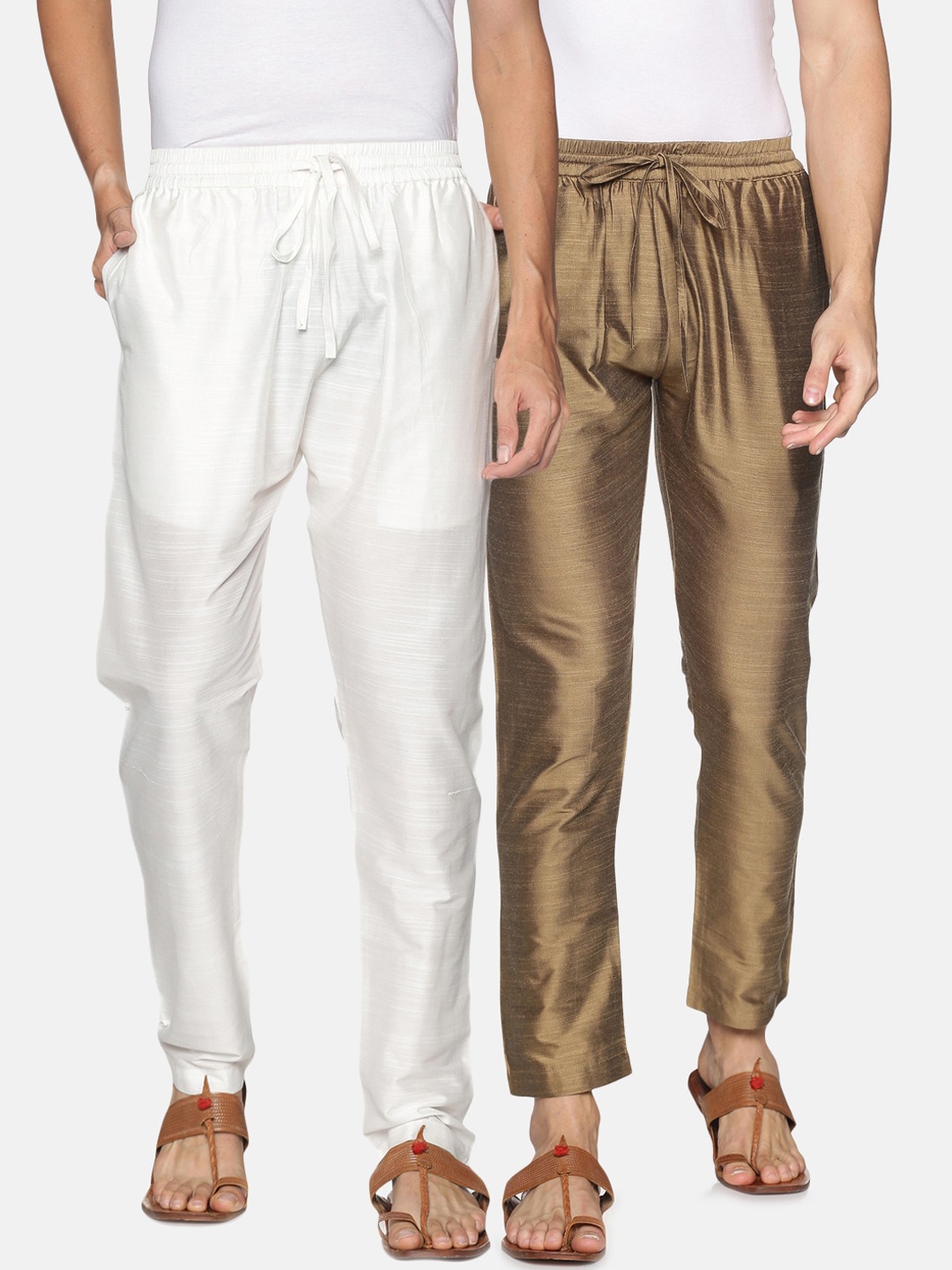 

Saffron Threads Men Pack of 2 Gold & White Viscose Slub Ethnic Trousers