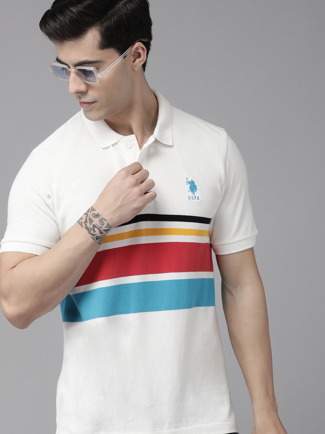 

U S Polo Assn Men White & Blue Printed Polo Collar Pure Cotton Slim Fit T-shirt