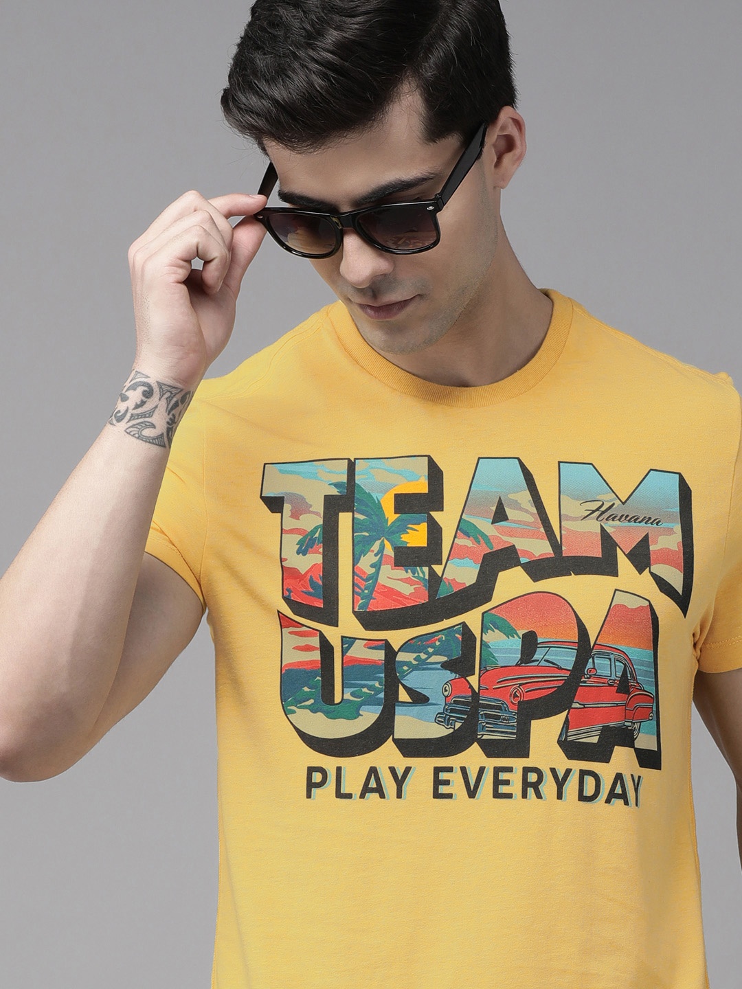 

U S Polo Assn Denim Co Men Yellow & Blue Typography Printed T-shirt