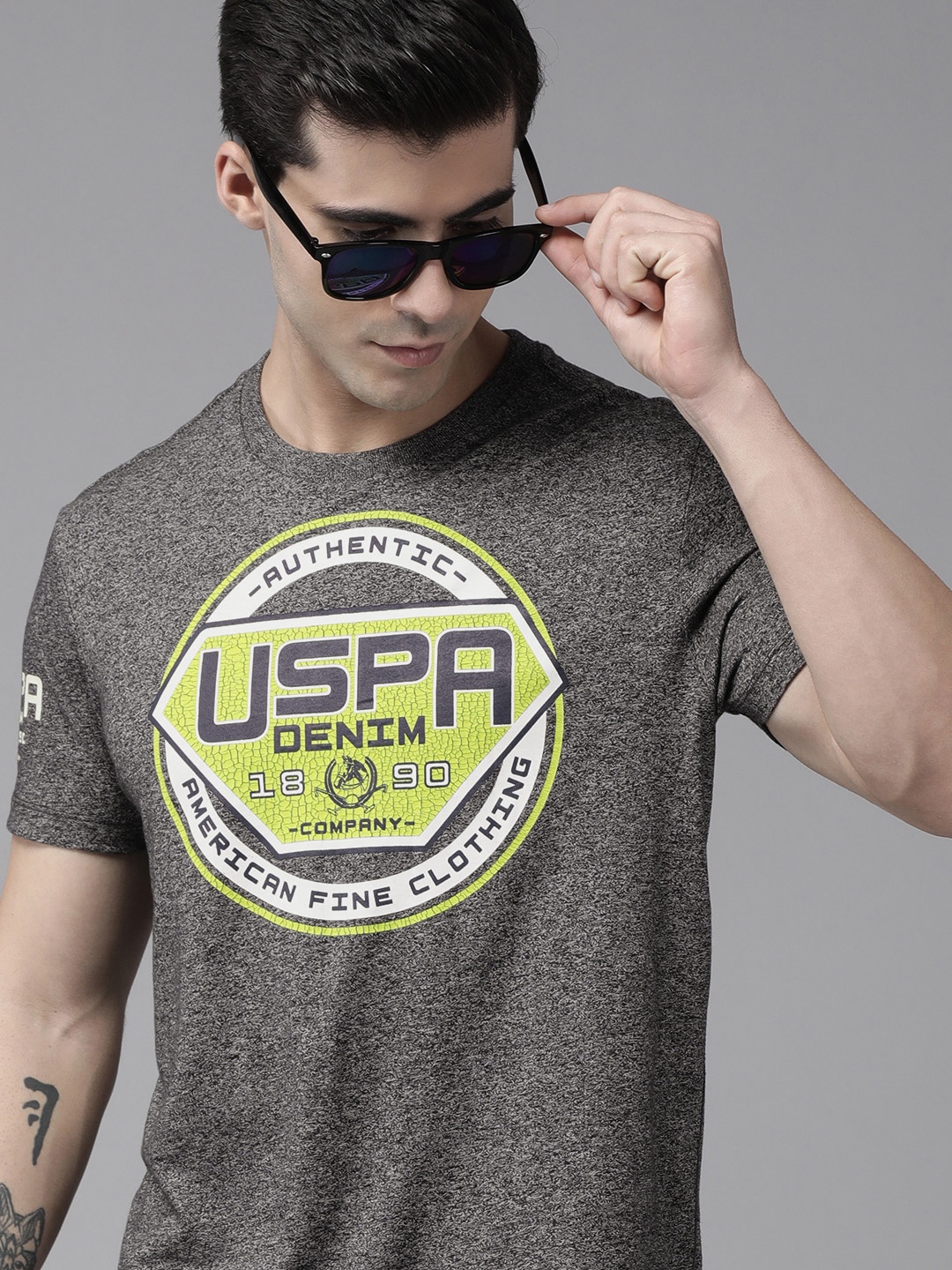 

U S Polo Assn Denim Co Men Charcoal Grey & Green Brand Logo Printed T-shirt