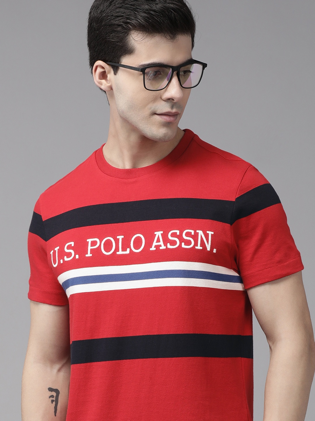 

U S Polo Assn Men Red & Black Striped Slim Fit Pure Cotton T-shirt