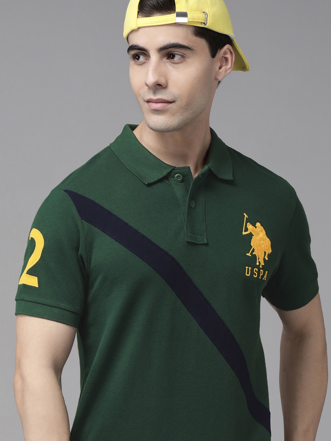 

U S Polo Assn Men Green Brand Logo Printed Polo Collar Slim Fit Pure Cotton T-shirt