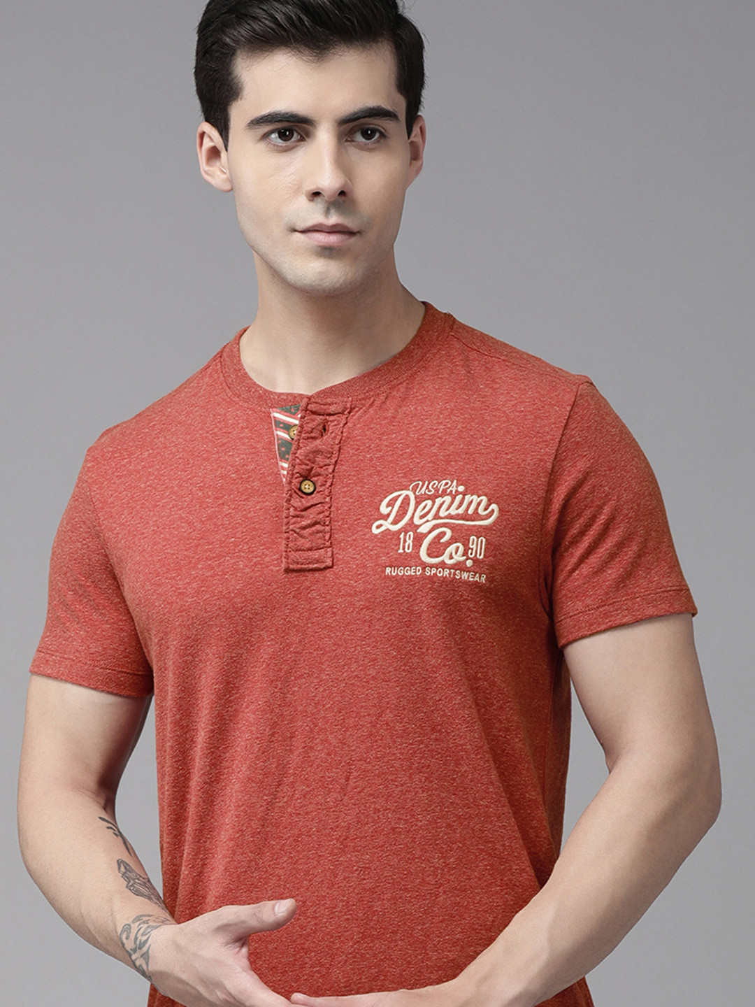 

U S Polo Assn Denim Co Men Coral Red Solid T-shirt