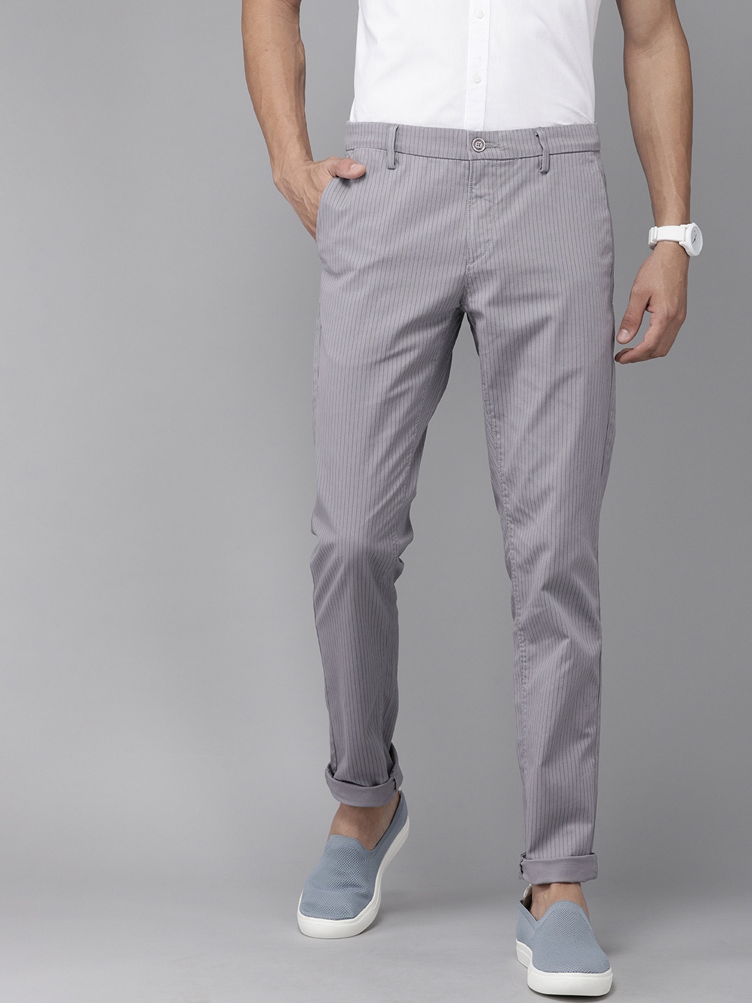 

U S Polo Assn Men Grey & Black Stripes Formal Trousers