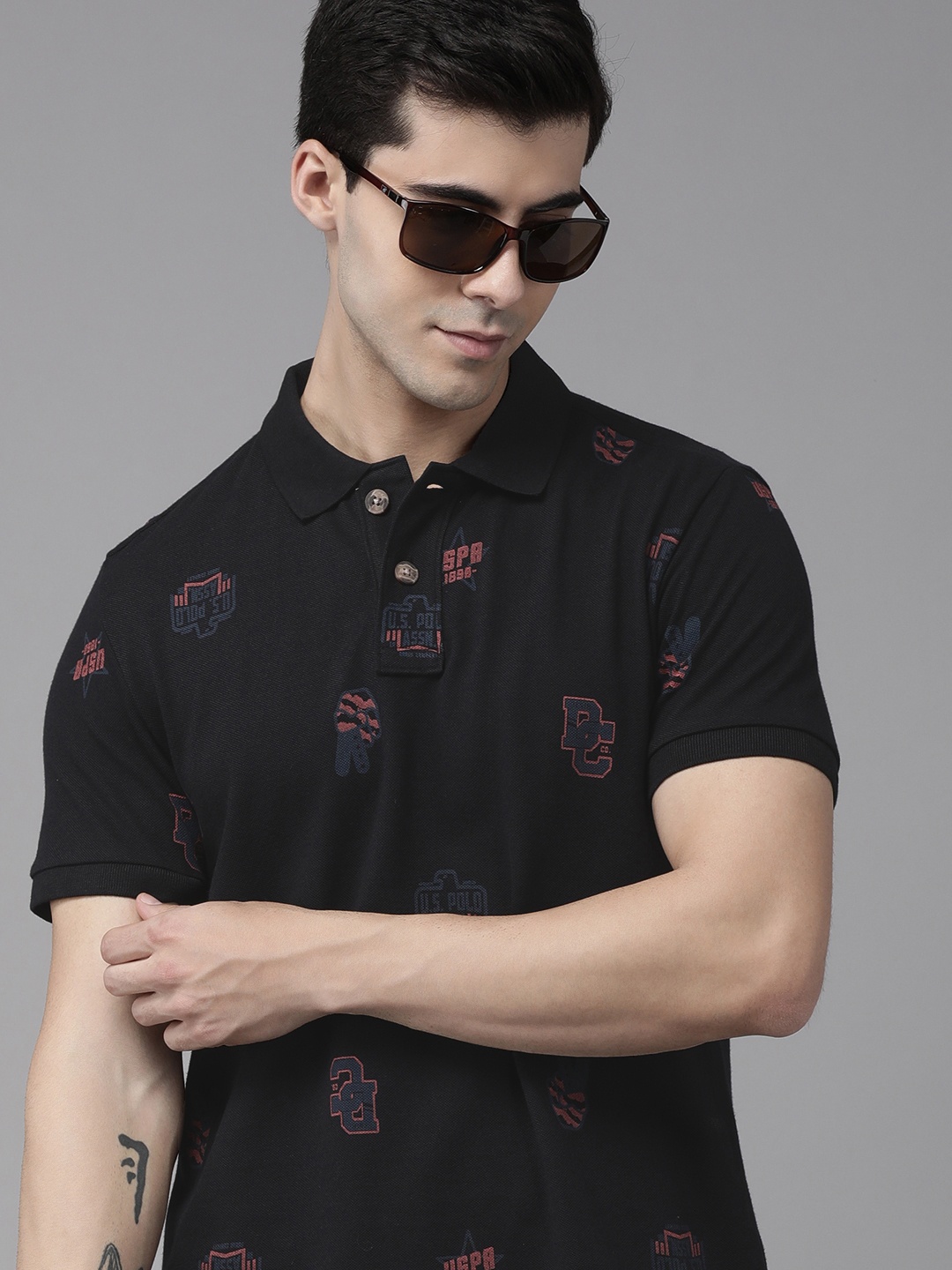 U S Polo Assn Denim Co Men Navy Blue & Red Typography Printed Polo Collar T-shirt
