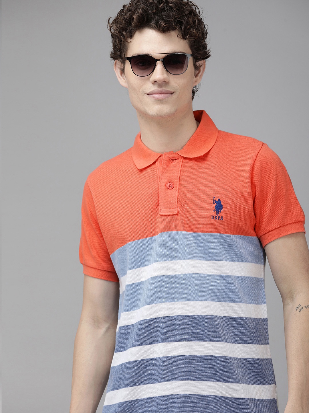 

U S Polo Assn Men Coral Pink & Blue Colourblocked Polo Collar Pure Cotton T-shirt