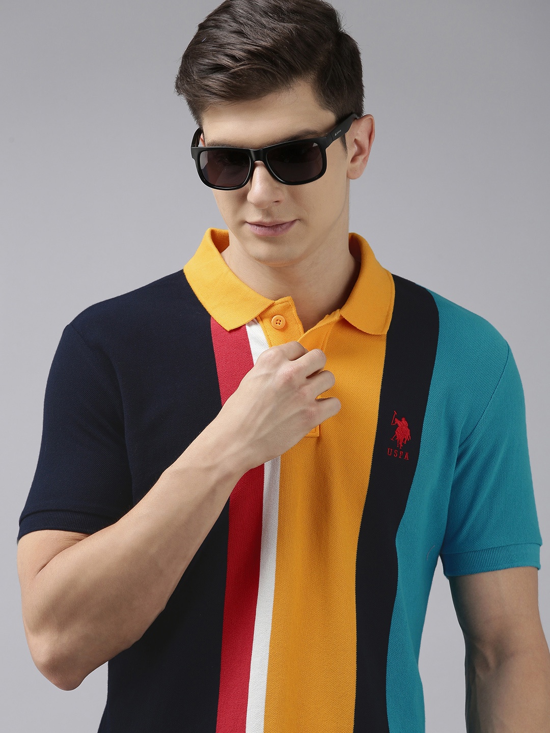 

U S Polo Assn Men Black & Gold-Toned Striped Polo Collar Pure Cotton Slim Fit T-shirt