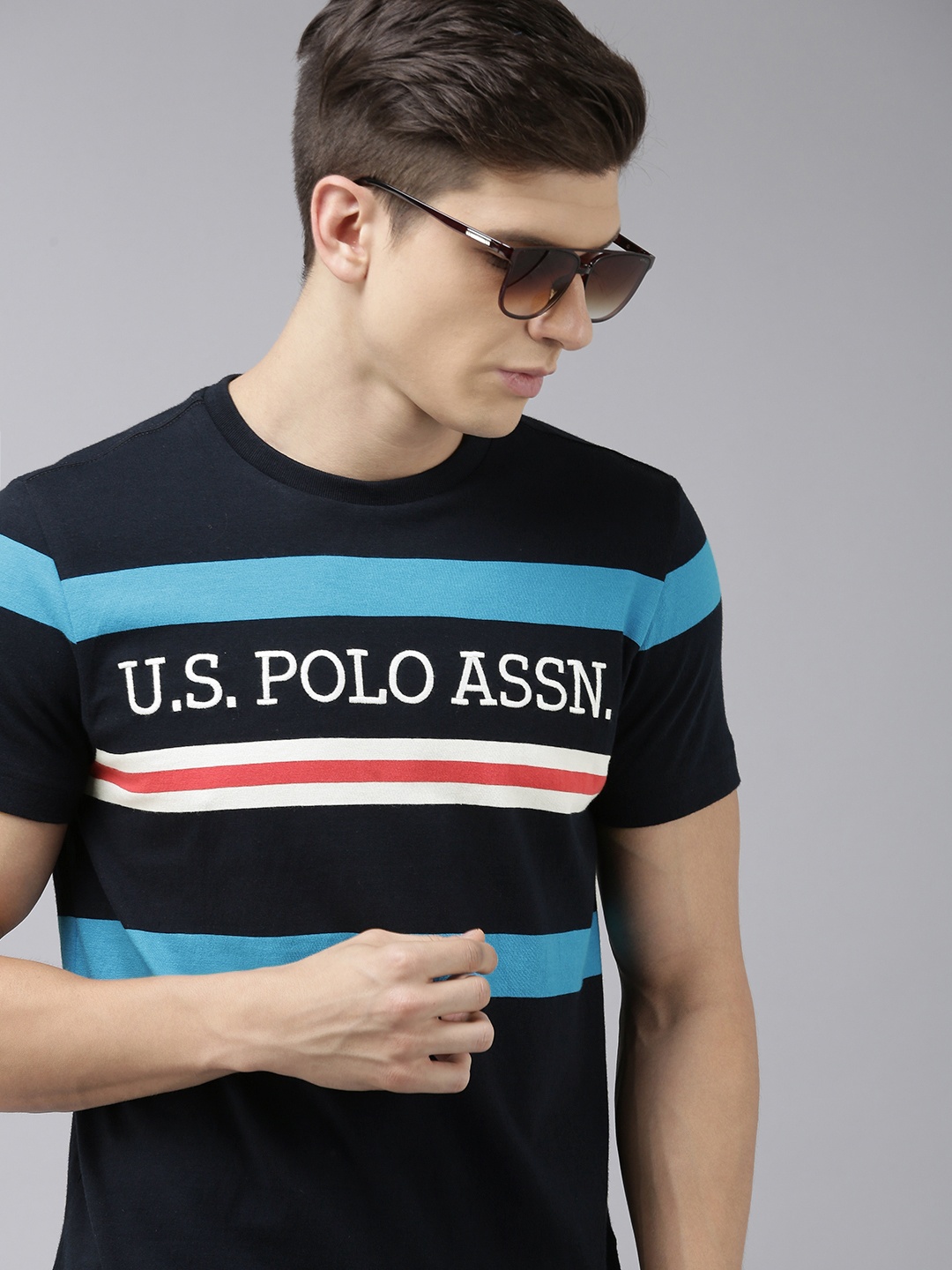 

U S Polo Assn Men Blue & White Brand Logo Embroidered Pure Cotton Slim Fit T-shirt