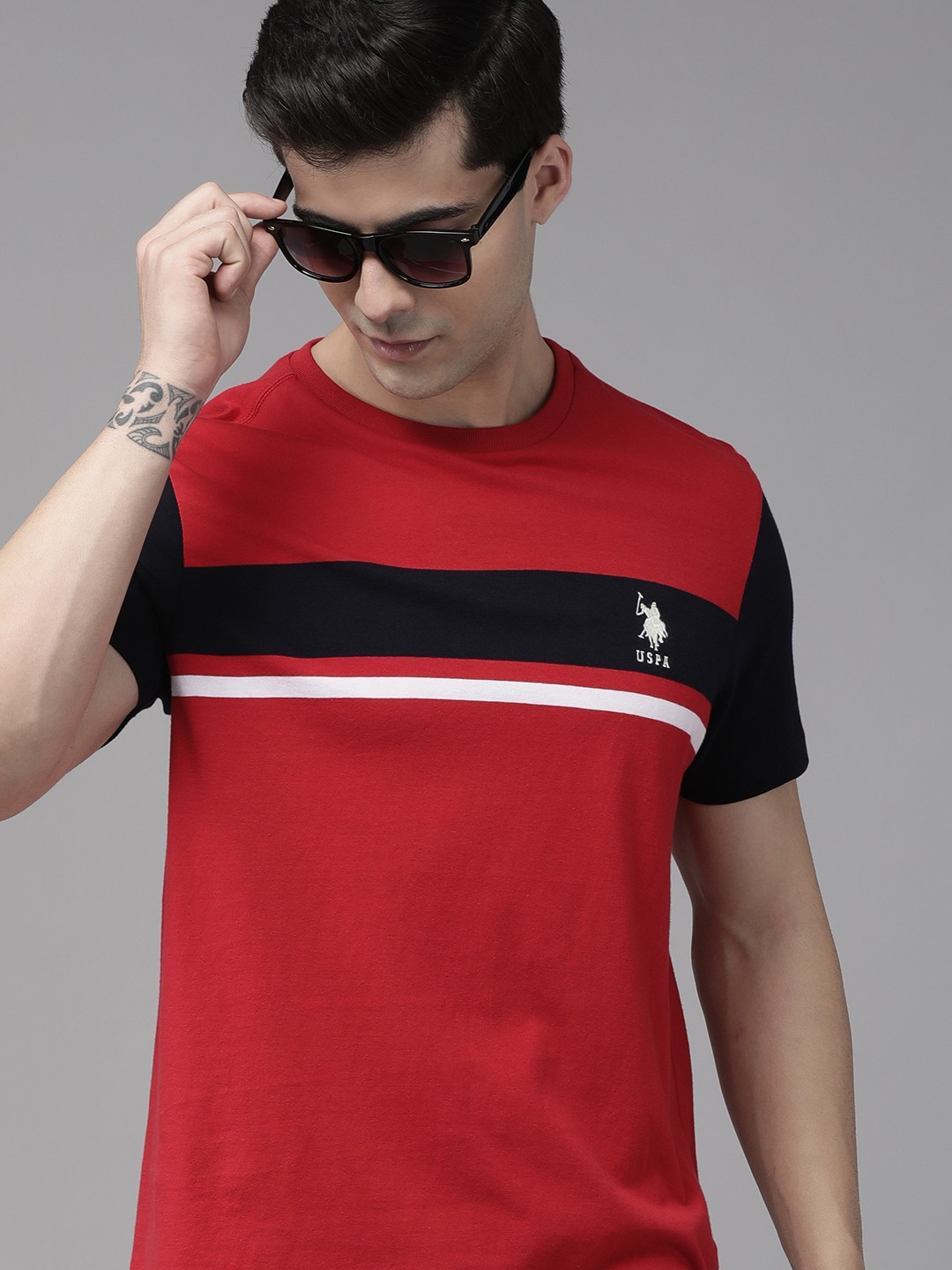 

U S Polo Assn Men Red & Black Striped Slim Fit Pure Coton T-shirt