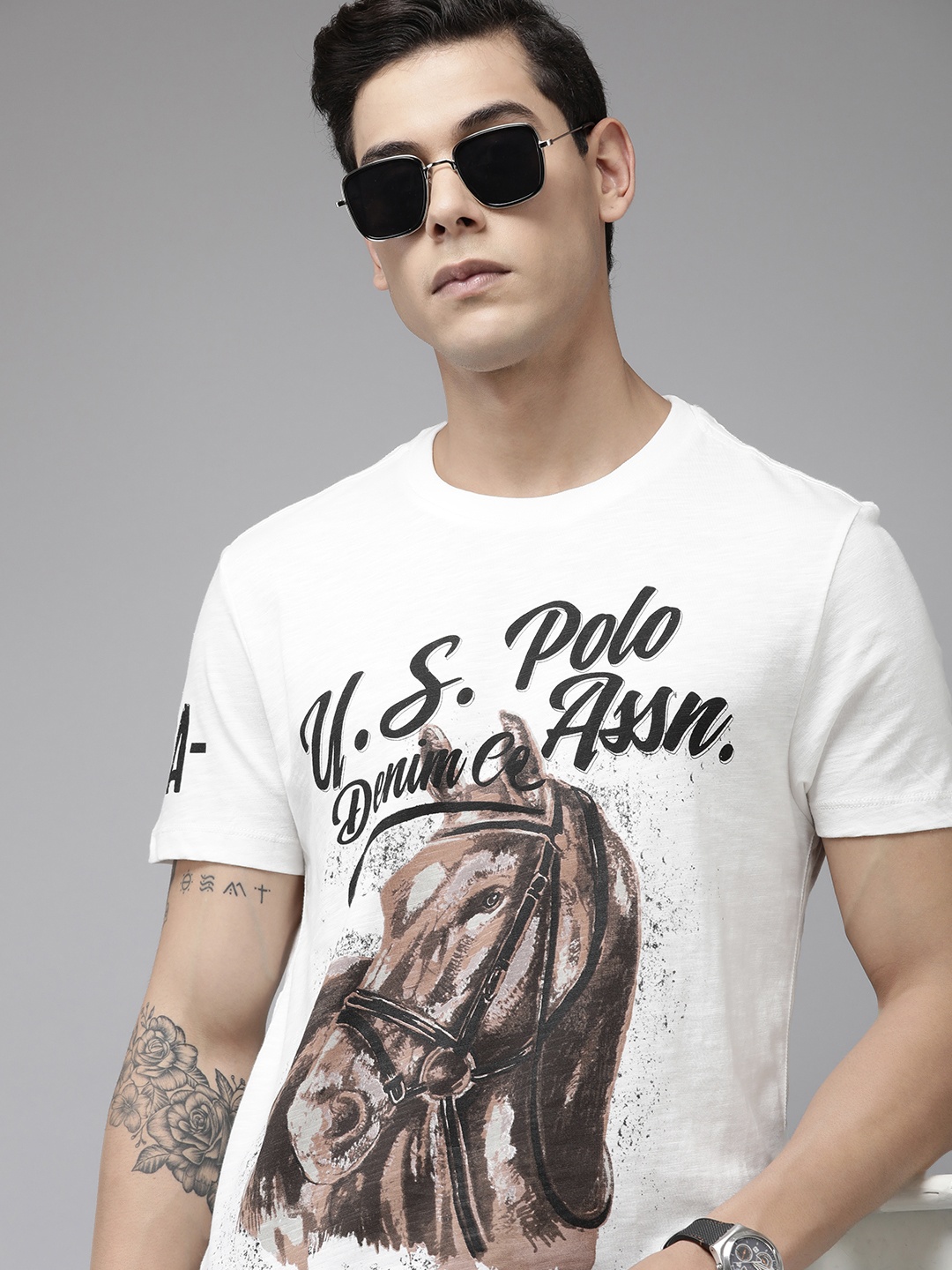 

U S Polo Assn Denim Co Men White Graphic Printed Pure Cotton T-shirt