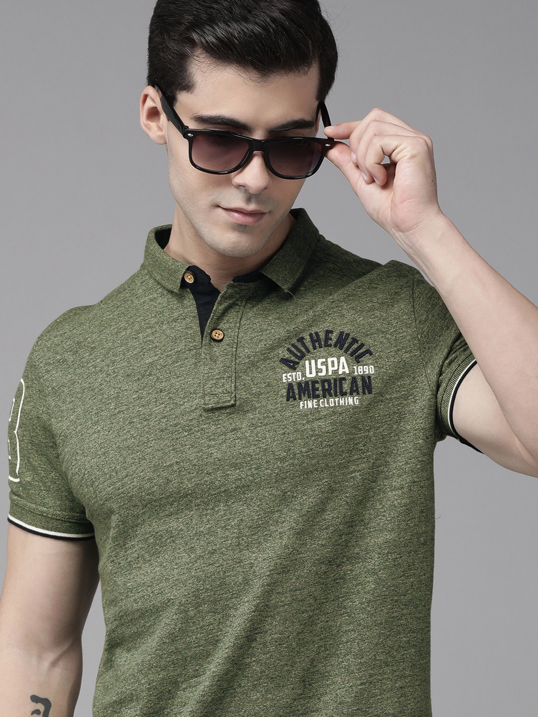 

U S Polo Assn Denim Co Men Olive Green Applique Polo Collar T-shirt