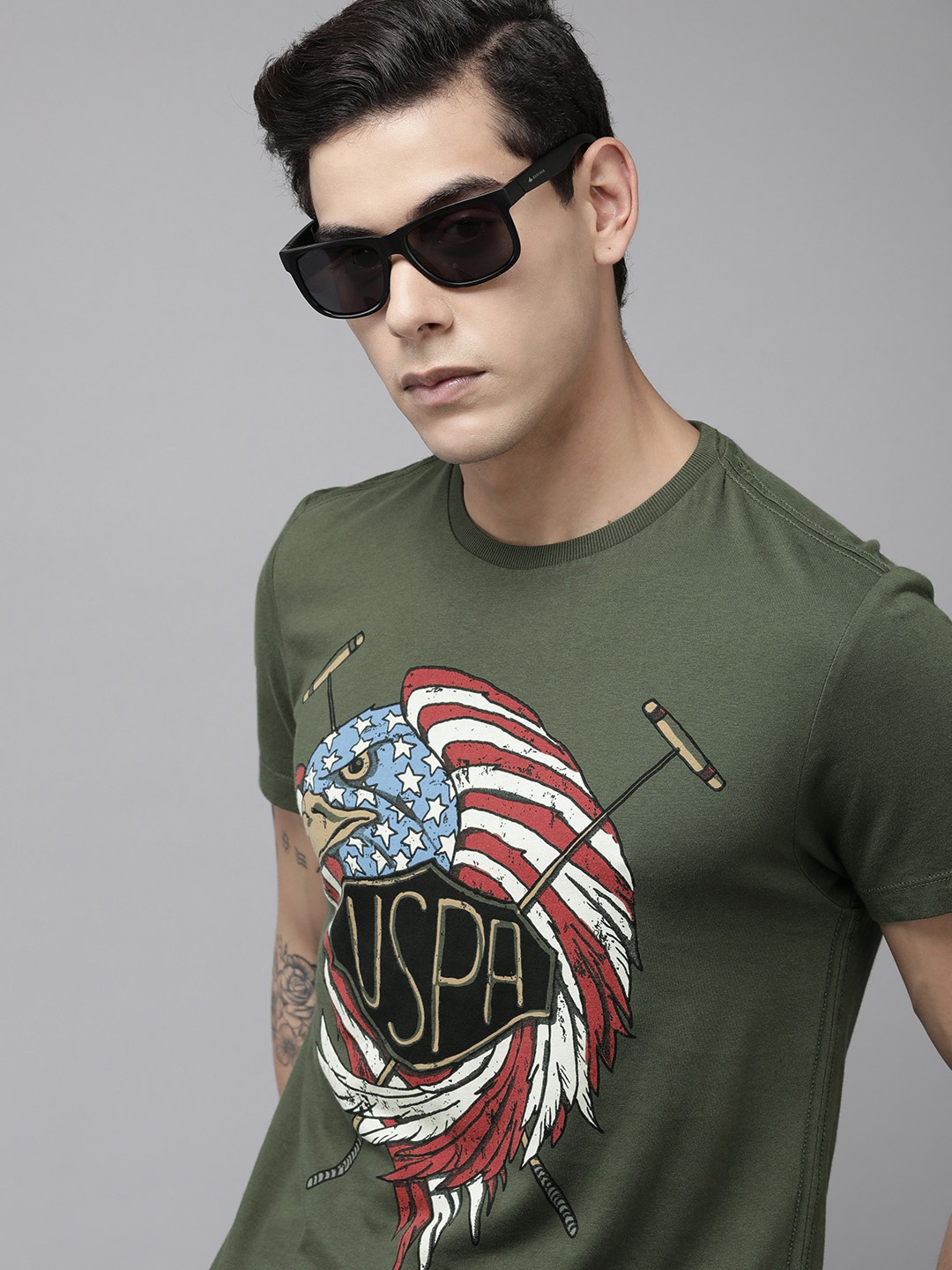 

U S Polo Assn Denim Co Men Olive Green Graphic Printed Pure Cotton T-shirt