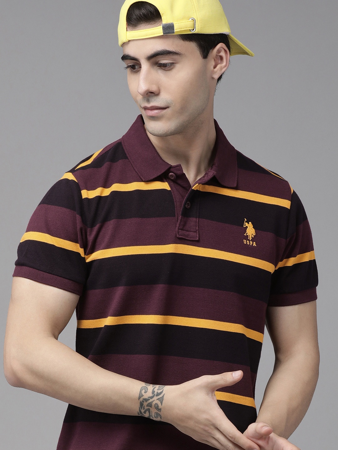 

U S Polo Assn Men Purple & Black Striped Polo Collar Slim Fit Pure Cotton T-shirt