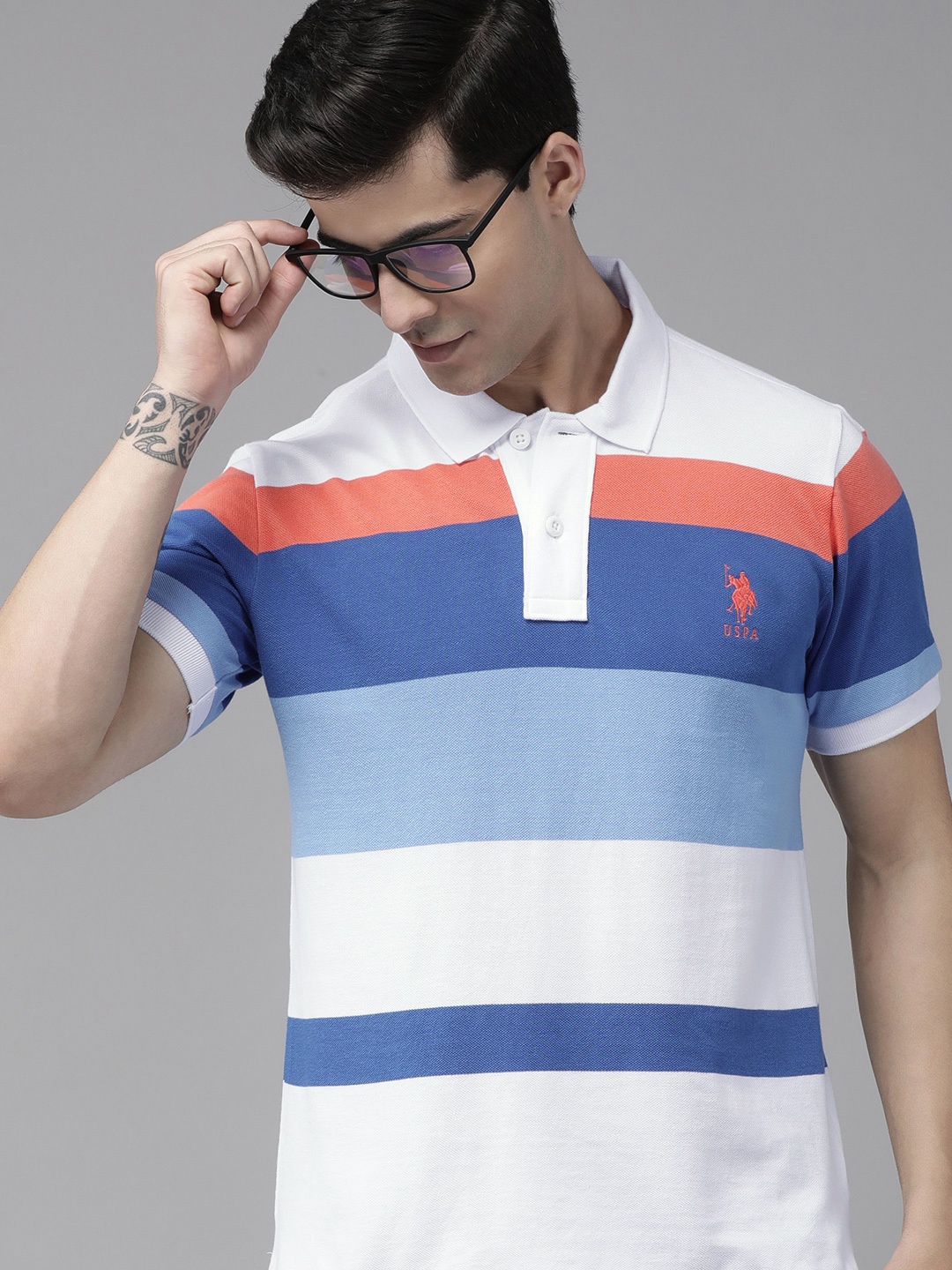 

U S Polo Assn Men White & Blue Striped Polo Collar Pure Cotton Slim Fit T-shirt