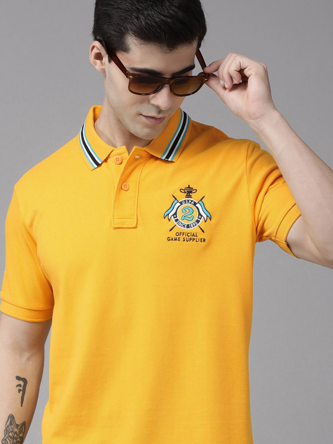 

U S Polo Assn Men Yellow Brand Logo Printed Polo Collar Slim Fit Pure CottonT-shirt