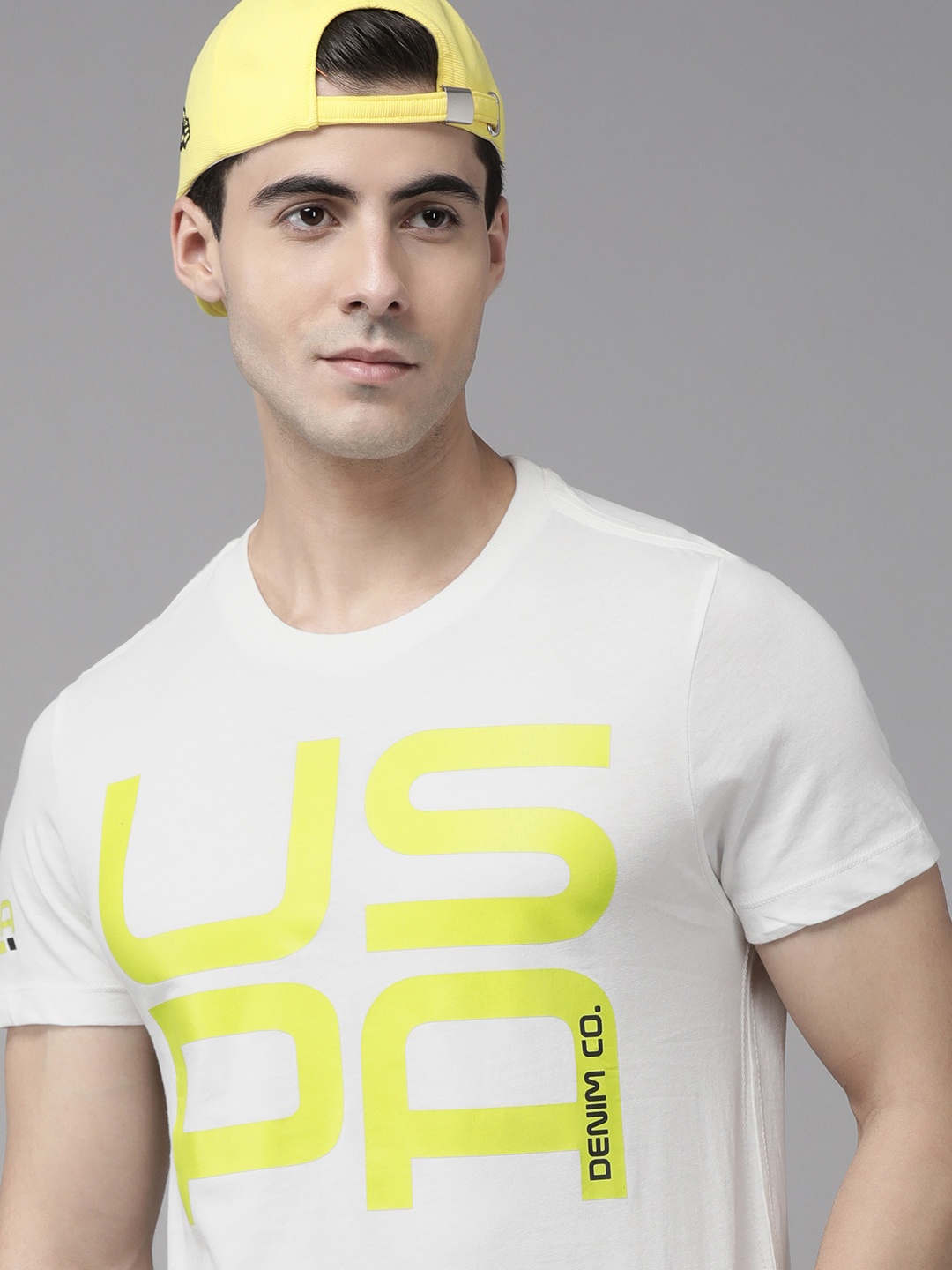 

U S Polo Assn Denim Co Men White & Yellow Typography Printed T-shirt