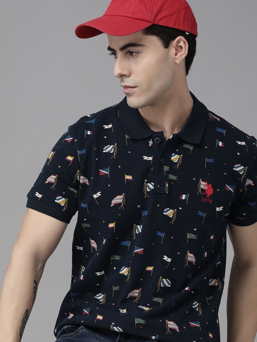 

U S Polo Assn Men Navy Blue Printed Polo Collar Pure Cotton Slim Fit T-shirt