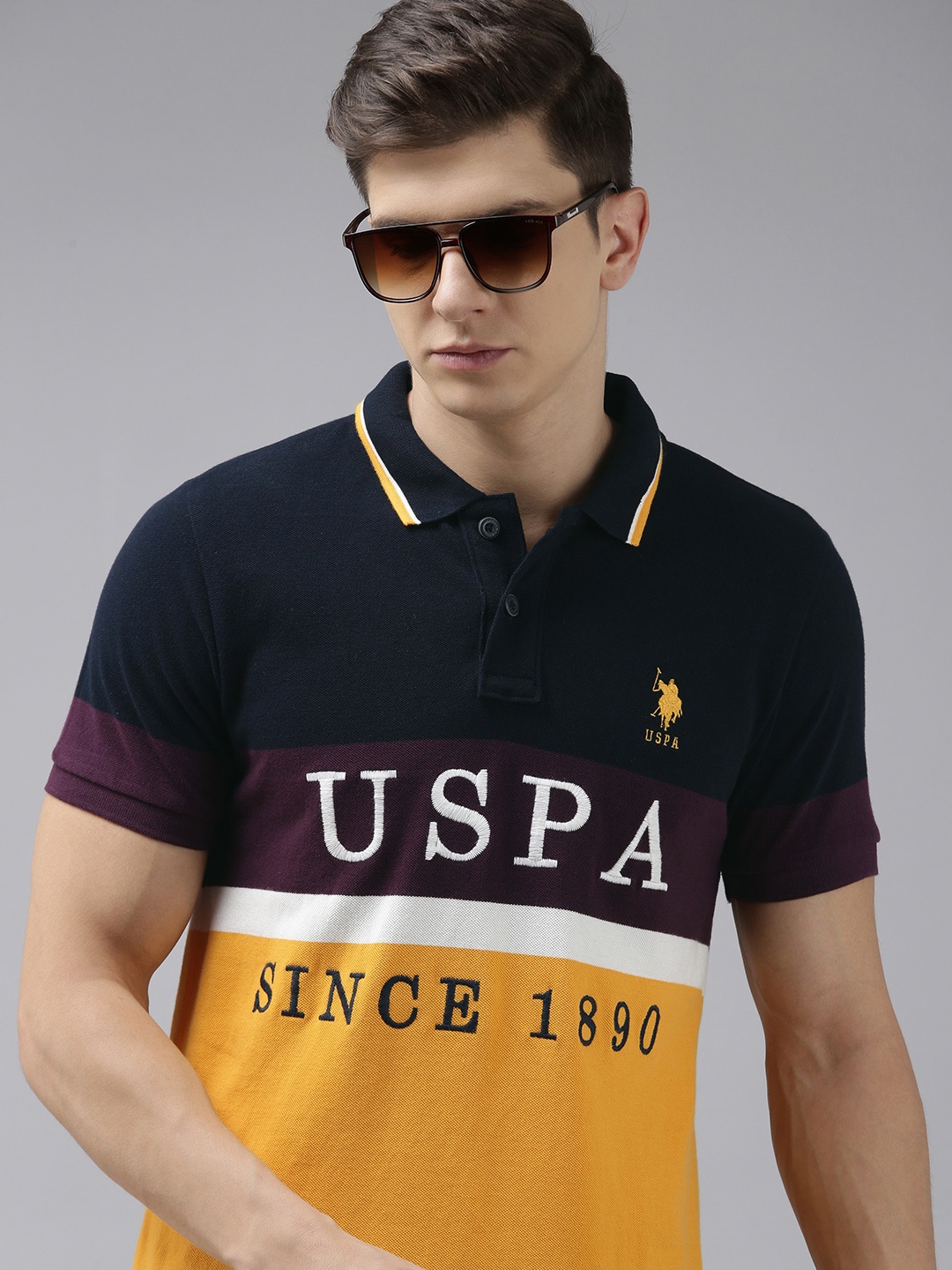 

U S Polo Assn Men Gold-Toned & Black Colourblocked Pure Cotton Slim Fit T-shirt