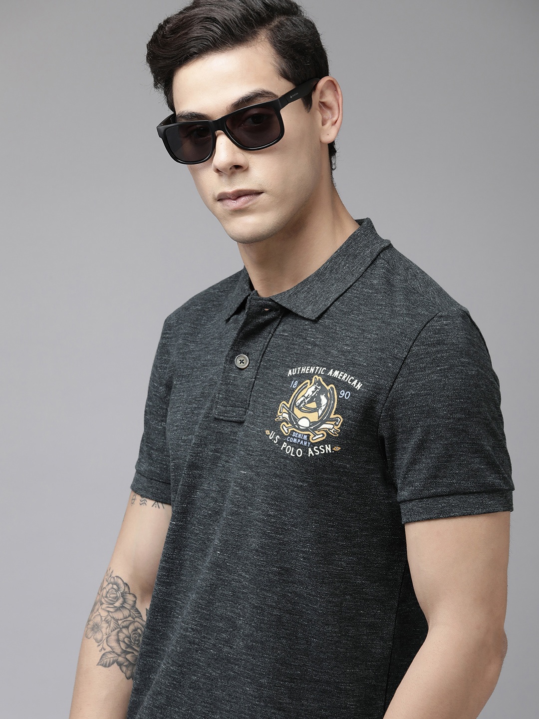 

U S Polo Assn Denim Co Men Black Brand Logo Printed Polo Collar T-shirt
