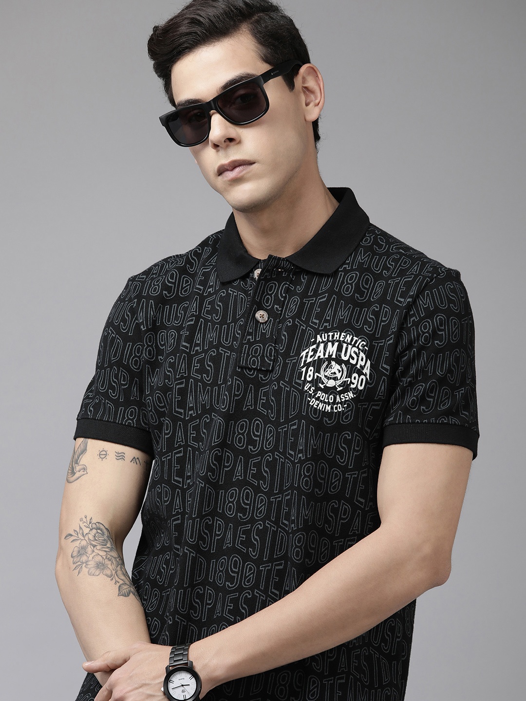 

U S Polo Assn Denim Co Men Black Typography Printed Polo Collar T-shirt