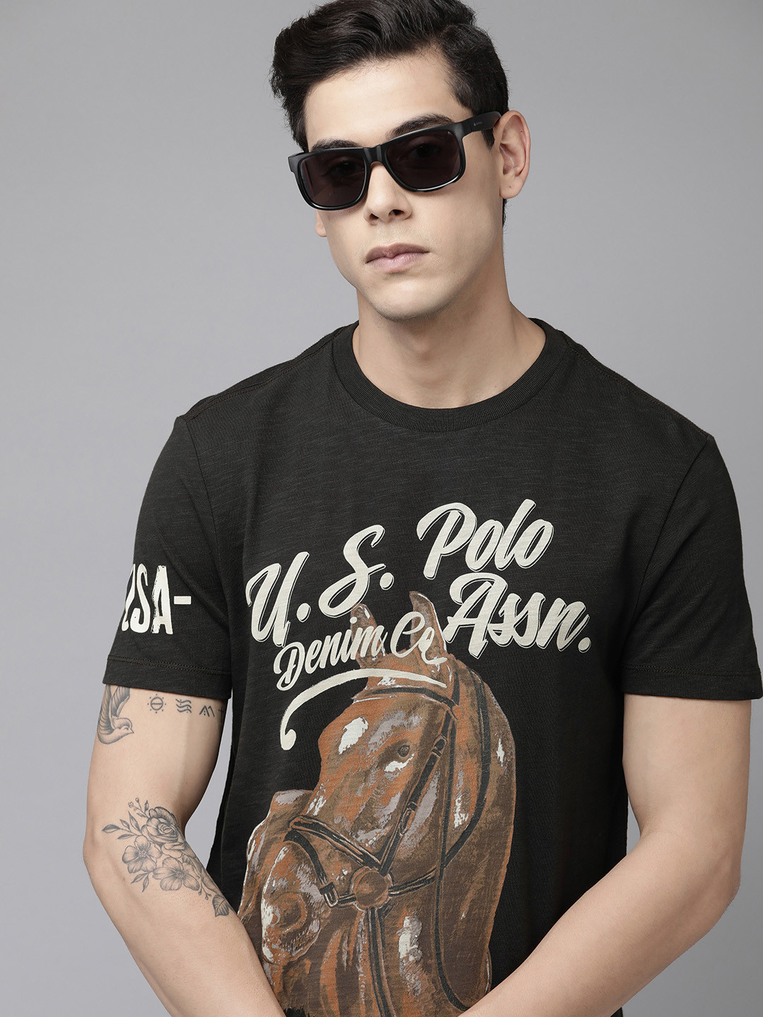 

U S Polo Assn Denim Co Men Black Graphic Printed Pure Cotton T-shirt