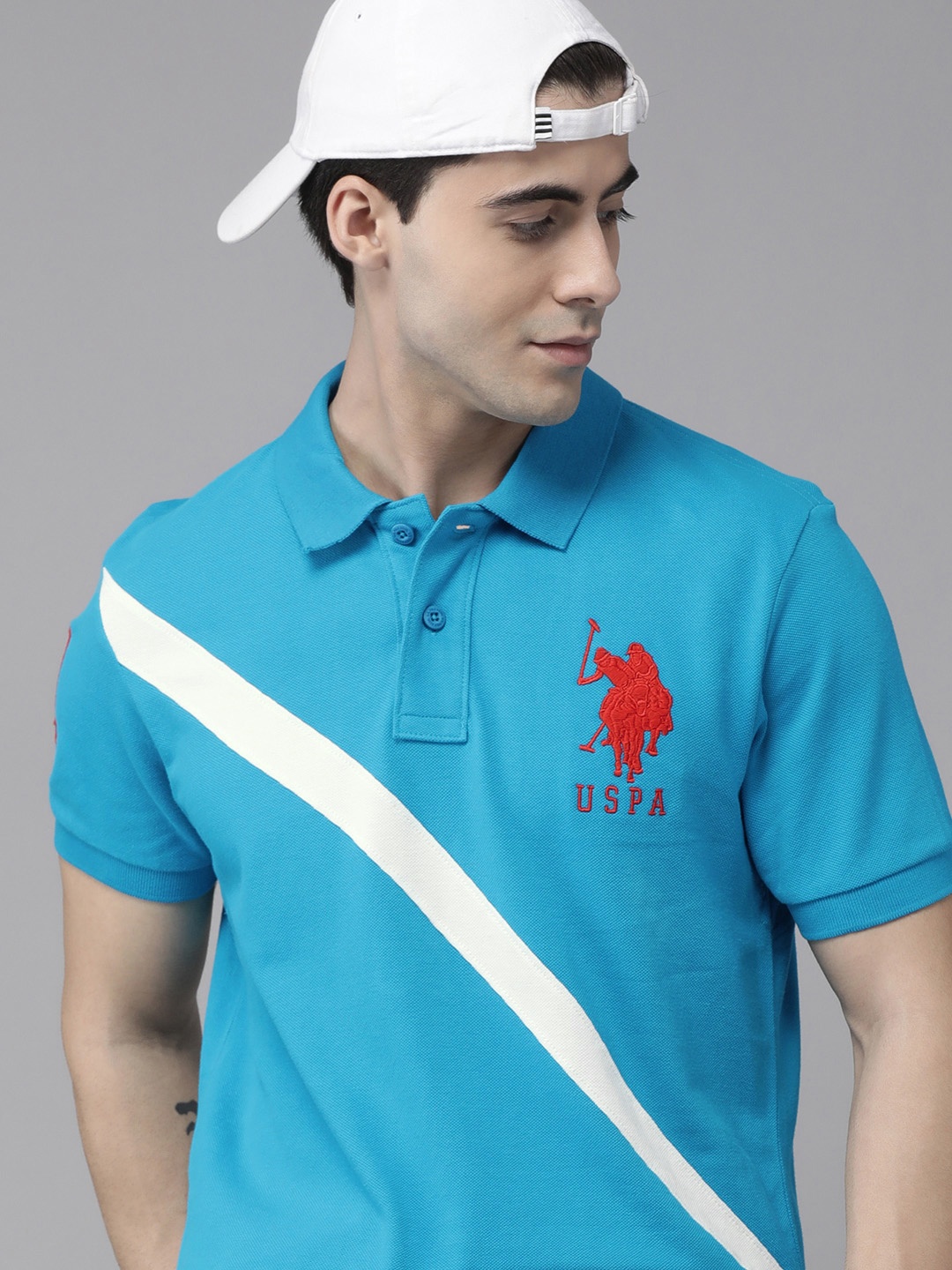 

U S Polo Assn Men Blue Stripe Printed Polo Collar Pure Cotton Slim Fit T-shirt